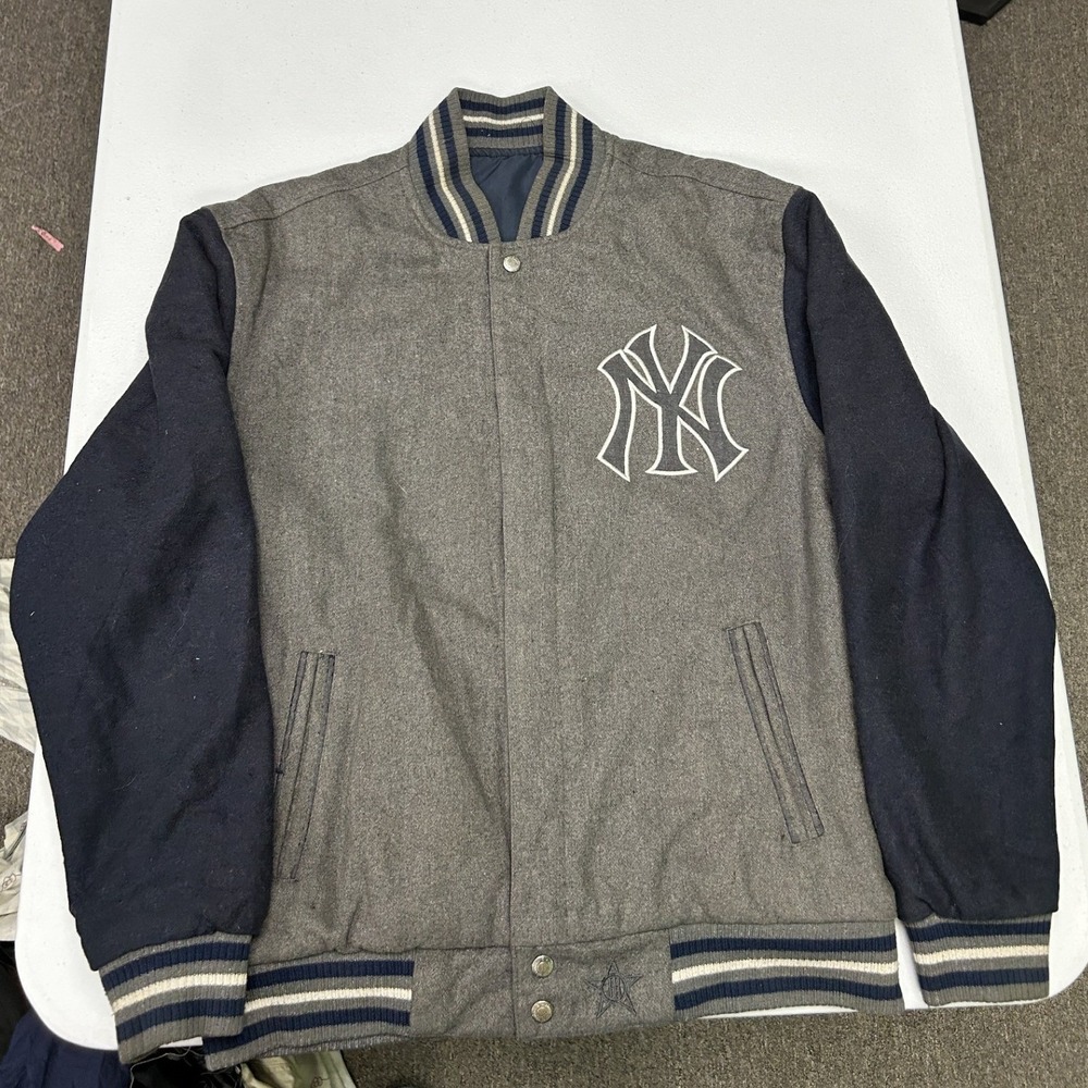 JH Design Varsity Jacket Mens Medium Grey Navy Reversible NY Yankees Wool Blend